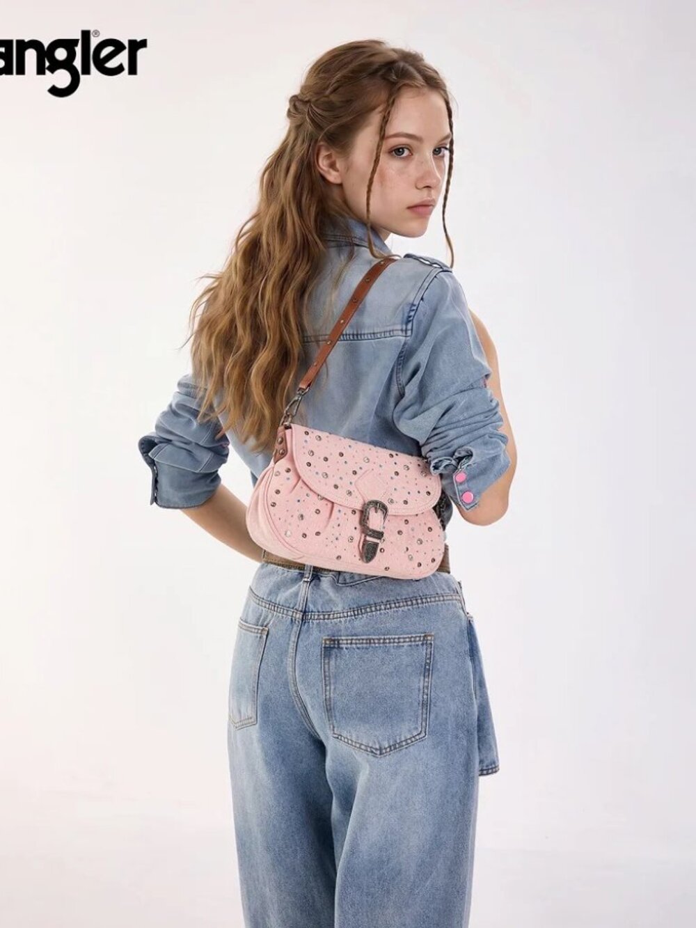 Wrangler Western Rhinestone Denim Flap Crossbody Shoulder Bag Pink - Picture 6 of 8